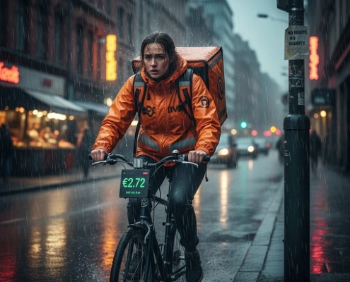 Lavoro dei rider tra algoritmo, sfruttamento e diritti negati: Pagati 2,72 euro sotto la pioggia. Ripartire dalla Costituzione.